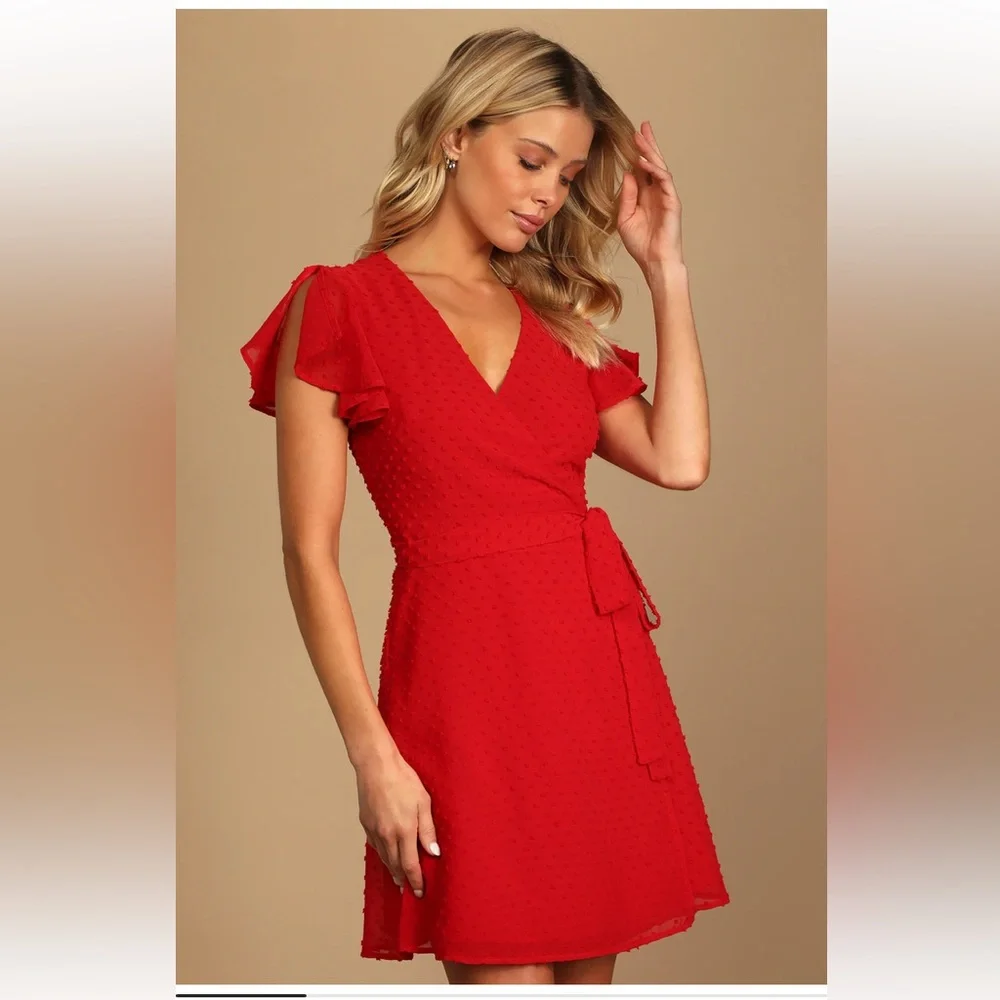 NWOT Lulu’s Much to Celebrate Red Swiss Dot Flutter Sleeve Wrap Mini Dress - Picture 2 of 8